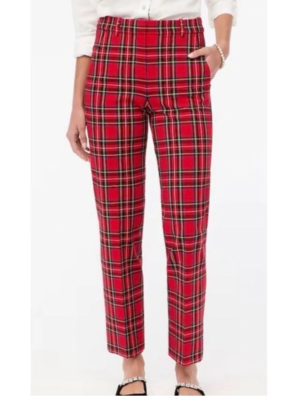 J. CREW KALLIE RED TARTAN PLAID HOLIDAY HIGH-RISE STRAIGHT ANKLE PANTS